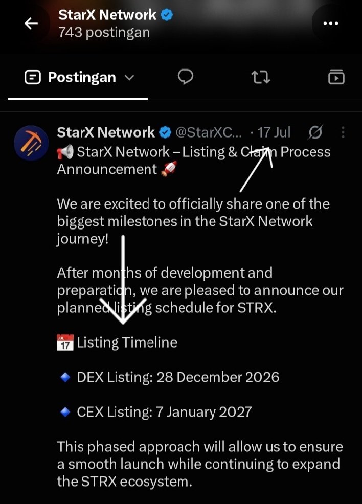 Mamat234s's tweet photo. @StarXCoreTeam Could the deletion of StarX Network’s post about the DEX listing on Dec 28, 2026 and CEX listing on Jan 7, 2027 be related to the new staking program launched today? https://t.co/qAmbrACfPl