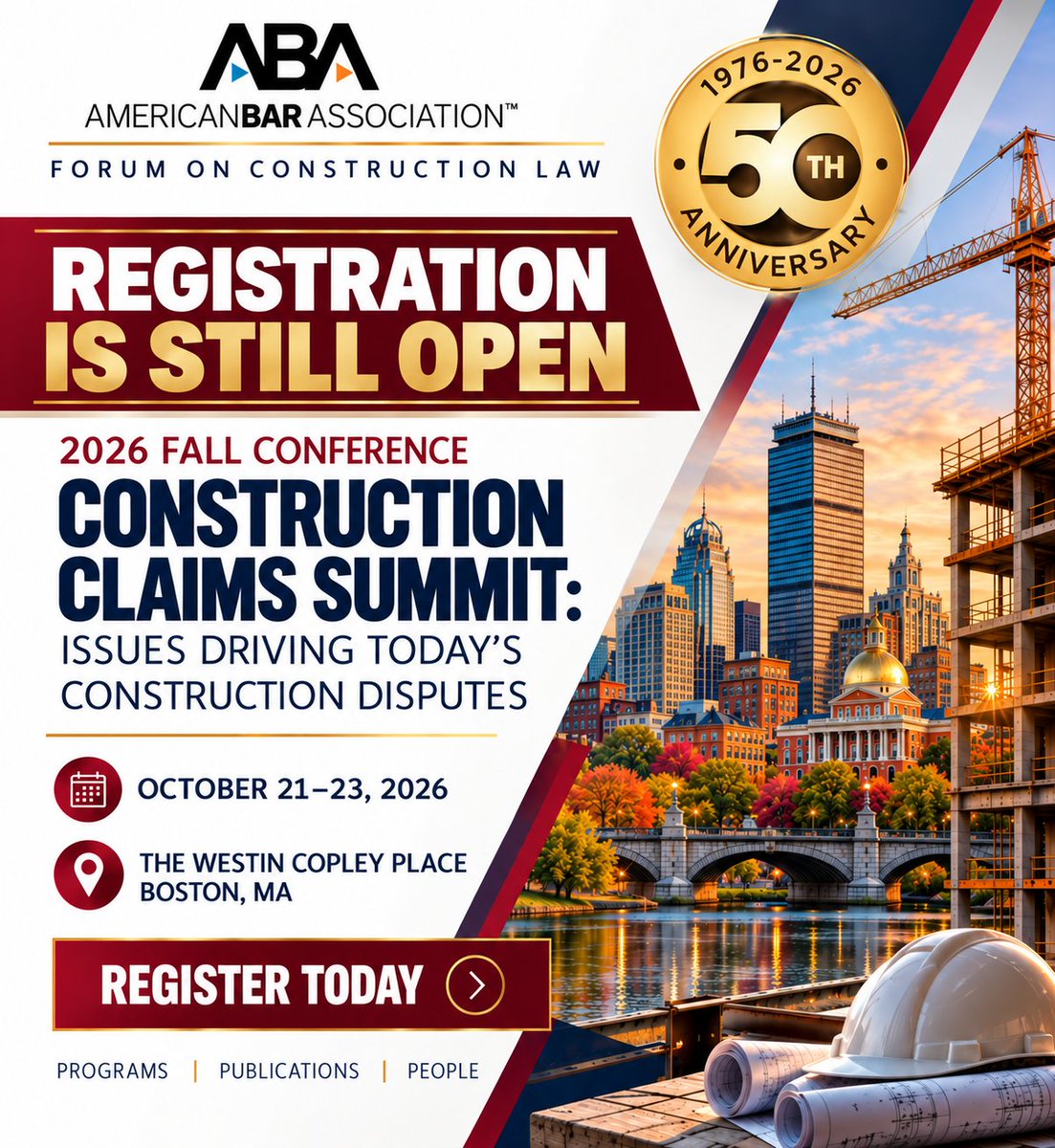 ABAConstruction's tweet photo. 🏗️ There’s still time to join us in Boston!

Registration is still open for the 2026 Fall Conference: Construction Claims Summit, Oct. 21–23.

Register today: https://t.co/xl1YfyPaTY

#ABAForum #ConstructionLaw #ConstructionClaim https://t.co/aJyRB9eJzO