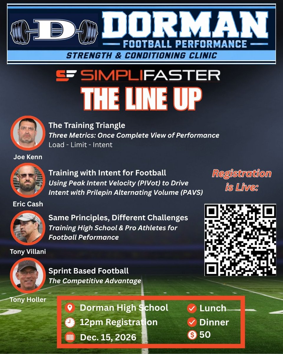 SimpliFaster's tweet photo. Football Performance Coaches! 

Join some of the top minds in football performance at the Dorman Football Performance Strength & Conditioning Clinic.

✅ Learn how to measure training effectiveness with Joe Kenn's Training Triangle
 ✅ Discover how Peak Intent Velocity can improve athlete buy-in and results with Eric Cash
 ✅ Understand the differences between training high school and pro athletes with Tony Villani
 ✅ Learn why sprint-based football training is becoming a competitive advantage with Tony Holler

📍 Dorman High School
 📅 Dec. 15
 💰 $50 (Lunch & Dinner Included)

Scan the QR code to register.

#FootballCoaching #StrengthAndConditioning #FootballPerformance #SprintBasedFootball #HighSchoolFootball