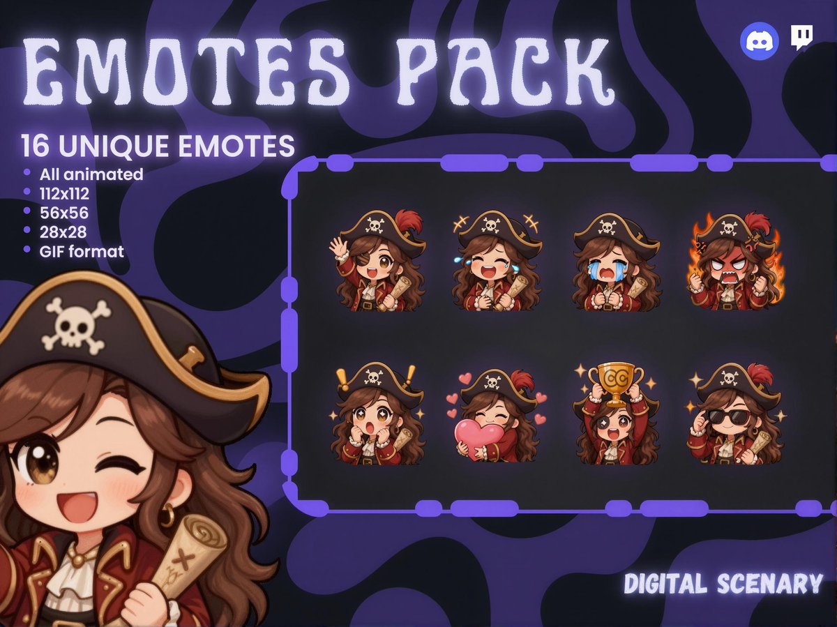 DigitalScenary's tweet photo. A running bit in chat deserves its own emote. This chibi pirate girl set covers a handful of cute expressions, in PNG and animated GIF, for Twitch and Discord.
-> https://t.co/OEHtOfO3QC

#TwitchStreamer #VTuber #SmallStreamer https://t.co/R5chXLskYs