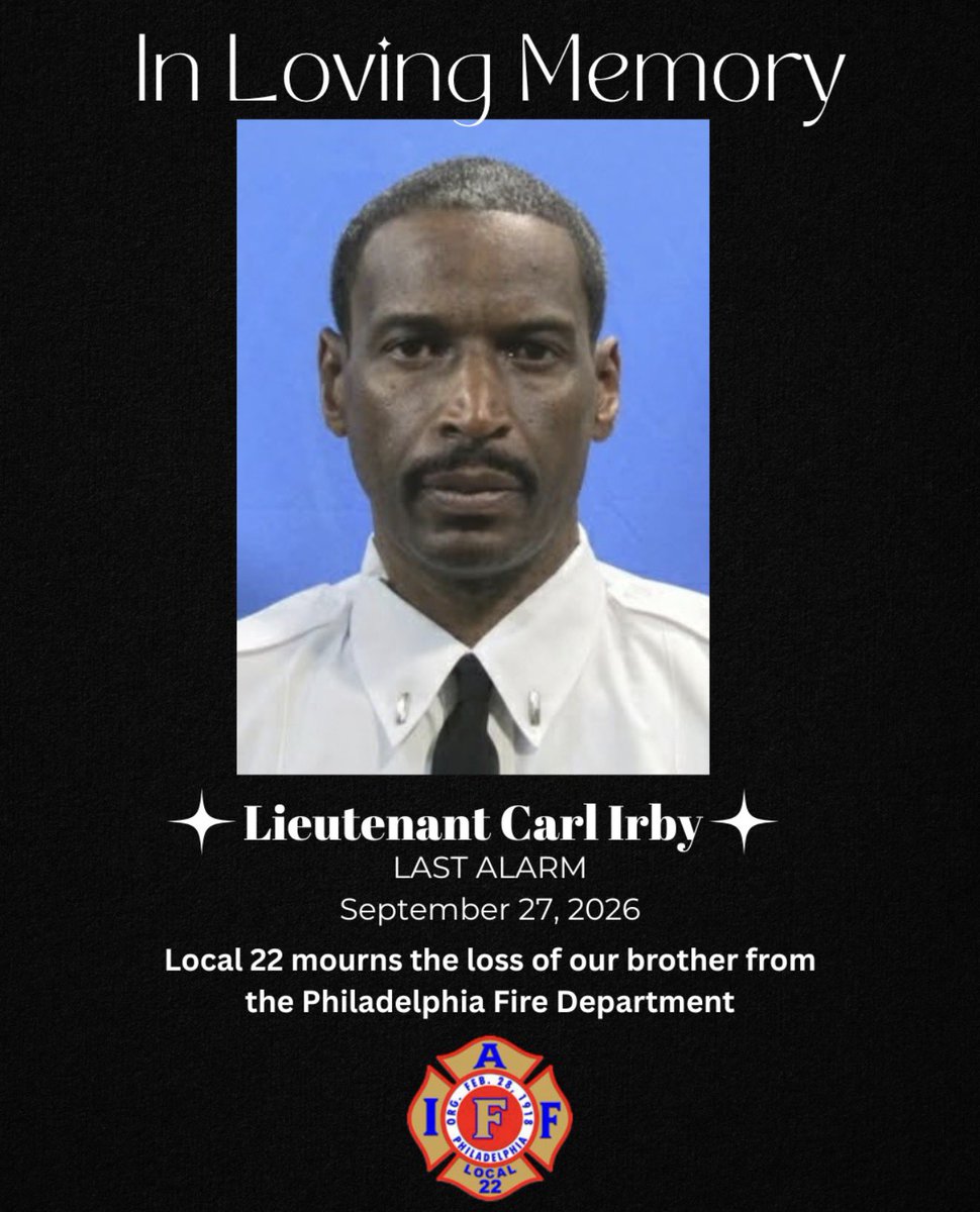 Local22Philly's tweet photo. IAFF Local 22 mourns the off-duty passing of Lieutenant Carl Irby, a 25-year veteran of the Philadelphia Fire Department, Community Action Team 3, C Platoon. As a member of CAT team 3, Lt. Irby provided care and support for residents displaced after a fire or other tragedy that they may have had to endure. Lt. Irby was also a former firefighter at Engine 50-Ladder 12, also known as the North Philly Cowboys.
We extend our deepest condolences to his family, friends, and fellow brothers and sisters of the department during this difficult time. Please keep all who knew and loved him in your thoughts and prayers.

Rest in peace, Lieutenant Irby. Your service will not be forgotten.