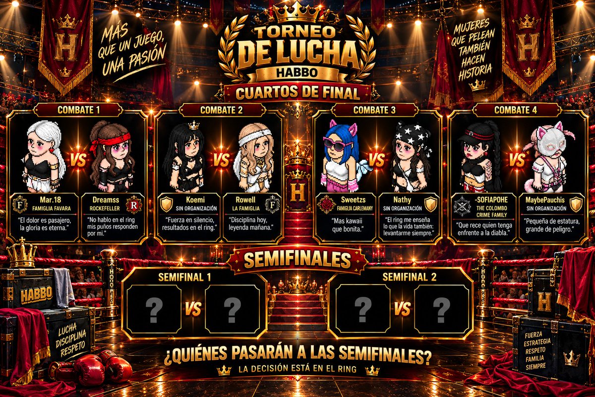 RockefellerHabb's tweet photo. 🔥🥊 ¡EL DOMINGO 4 DE OCTUBRE COMIENZA EL TORNEO! 🥊🔥

Las mujeres más fuertes, agresivas y peligrosas de Habbo entran al ring para demostrar quién tiene lo necesario para convertirse en la campeona. 👑

Pero ahora queremos saber de ustedes:

🥊 ¿A QUIÉN VAS?
🔥 ¿QUIÉNES LLEGARÁN A LAS SEMIFINALES?
👑 ¿QUIÉN SE LLEVARÁ EL CAMPEONATO?

No hay favoritos seguros. Cualquier luchadora puede sorprender y dejar a otra fuera del torneo. 😈
