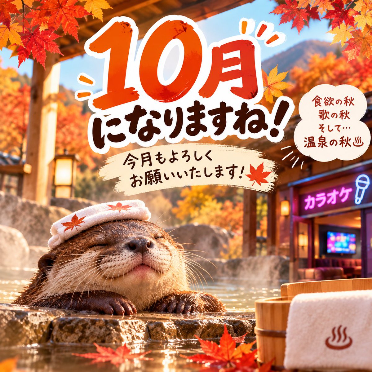 karaokezima's tweet photo. もうすぐ10月ですね🍁

気づけば今年も残り3ヶ月。
早すぎませんか…？😂

10月といえば、
🍚 食欲の秋
🎤 歌の秋
♨️ そして温泉の秋。

少しずつ涼しくなってきて、
温泉が気持ちいい季節になってきますね☺️

温泉にゆっくり浸かって、
美味しいものを食べて、
たまにはカラオケで思いっきり歌う https://t.co/iqueMmitIk
