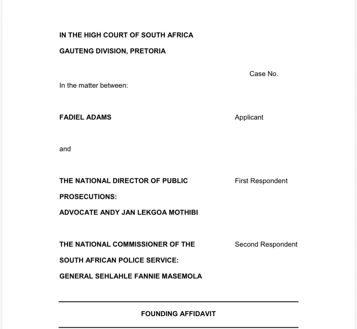 Abramjee's tweet photo. MP Fadiels Adams has lodged an application taking NDPP to the High Court, challenging the withdrawal of the charges against National Police Commissioner, General Fannie Masemola. https://t.co/uaCLs361vs
