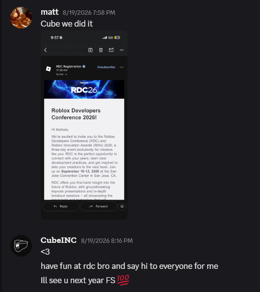 RealCubeINC's tweet photo. As the guy who got him into RDC in the first place (through a +1), I have to say that what he did was incredibly irresponsible and selfish. 

When he came to me and asked for an invite, he did not tell me anything about his plan to interrupt the RDC stage. He did not mention that once to me, or any of his friends, which Matt himself admitted in his interview with Chris Hansen. 

https://t.co/JyYnTXrMYd
(Timestamp - 13:24)

I have known Matt for quite some time (and no, he is not my manager, he's just a YouTube friend who I registered to RDC as a business partner) and he always seemed level-headed and respectful. So when he told me that he wanted to do a simple interview with people there for his video, I decided to give him my +1, because I'm blessed enough to be in a position where I can give a smaller creator this opportunity. Unfortunately I wasn't able to go myself due to plans, but I happily allowed my friend to fill in my role and say hi to everyone for me.

Which is why I was absolutely shocked when I heard about what he did at RDC. In hindsight I definitely should not have trusted him with my +1.

While I sort of understand his thought process on why he did it, I think it was extremely careless of him to pull a stunt like that without considering how it would impact my career, and all of his friends' careers. It also holds back the entire movement because bro what kids are you protecting by shouting "WE DESERVE BETTER" on stage? 😭😭😭

We've talked things out and I've forgiven him, so don't go harass him or anything. But because of his actions, I'm now banned from attending future RDC events and I'm currently at risk of losing my own Roblox account, which is why I'm making this tweet to explain a bit of my side.

With that all said, I apologize on behalf of Matt and to all the people he might've affected or scared at RDC.