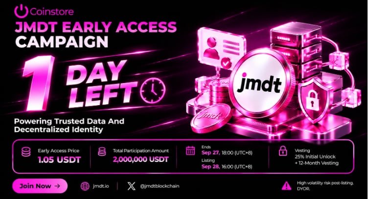 razuali753's tweet photo. ⏰ 1 DAY LEFT — JMDT Early Access!
🔥 Last chance to participate in $JMDT Early Access!

🔹 Price: 1.05 USDT
 🔹 Pool: 2,000,000 USDT
 🔹 Ends Tomorrow: Sep 27, 18:00 (UTC+8)
 🔹 Listing: Sep 28, 16:00 (UTC+8)

🔐 25% Initial Unlock + 12-Month Vesting https://t.co/TA9JwzI9X6