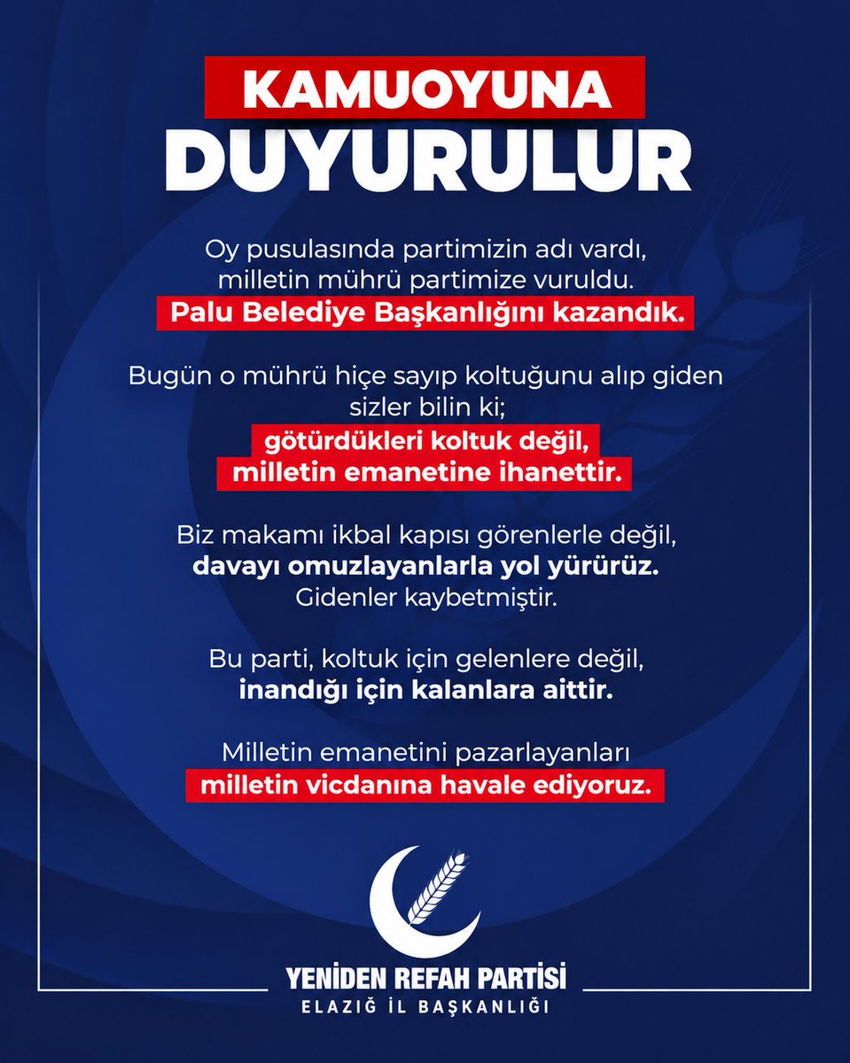 yrprefahelazig's tweet photo. Oy pusulasında partimizin adı vardı, milletin mührü partimize vuruldu.
palu Belediye Başkanlığını kazandık.

Bugün o mührü hiçe sayıp koltuğunu alıp giden sizler  bilin  ki; götürdükleri koltuk değil, milletin emanetine ihanettir.

#elazığ https://t.co/SBr5t3ScBe