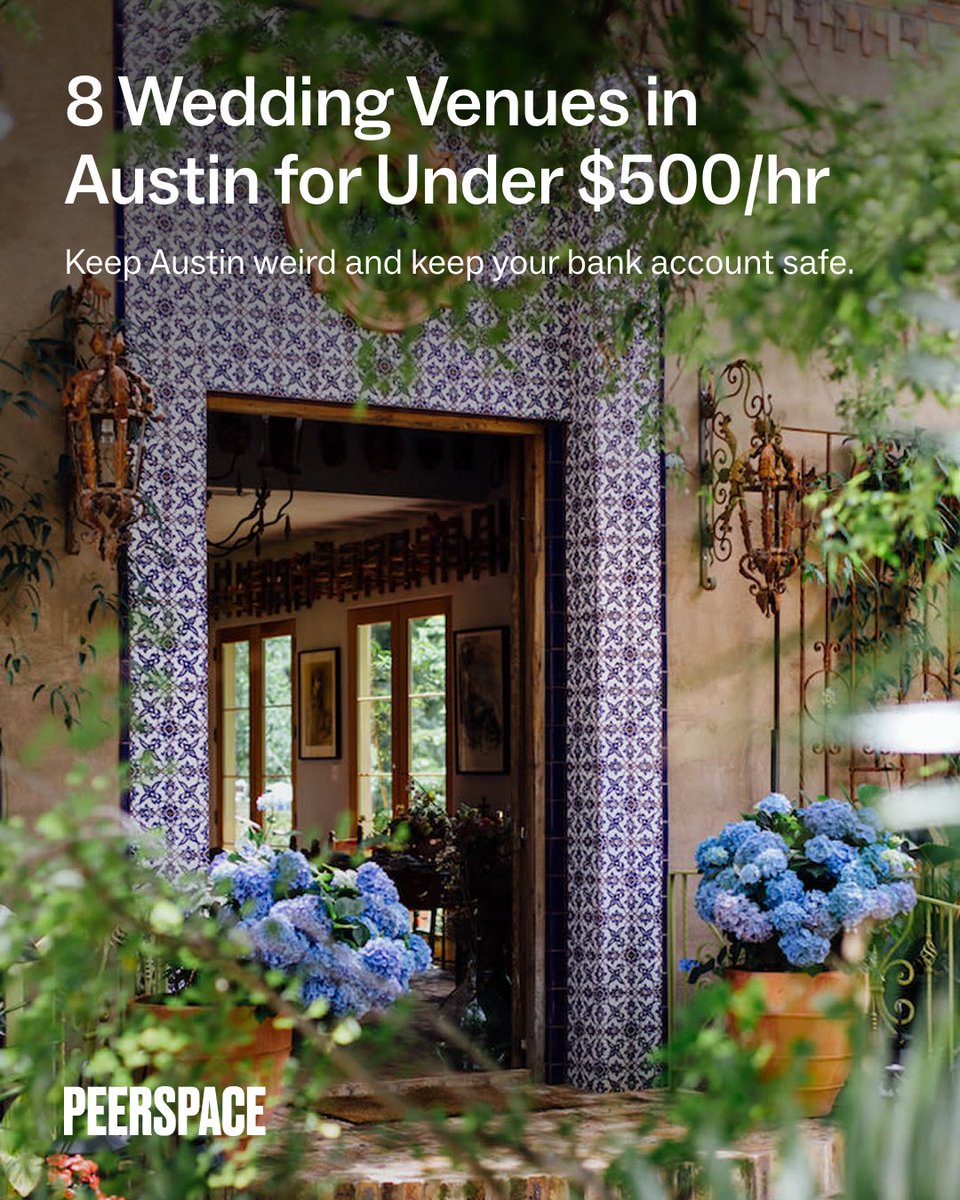Peerspace's tweet photo. Austin brides on a budget, this one's for you. 💍 

Who says beautiful wedding venues have to come with a five-figure price tag? We've rounded up 8 Austin wedding venues for under $500/hr that are ready for everything from intimate ceremonies to backyard-inspired receptions with all your favorite people. (Spoiler: these are just a few of the many wedding venues on Peerspace.)

Explore all featured venues with the link in bio.

#austinwedding #budgetwedding #texaswedding #weddingplanning #weddinginspo