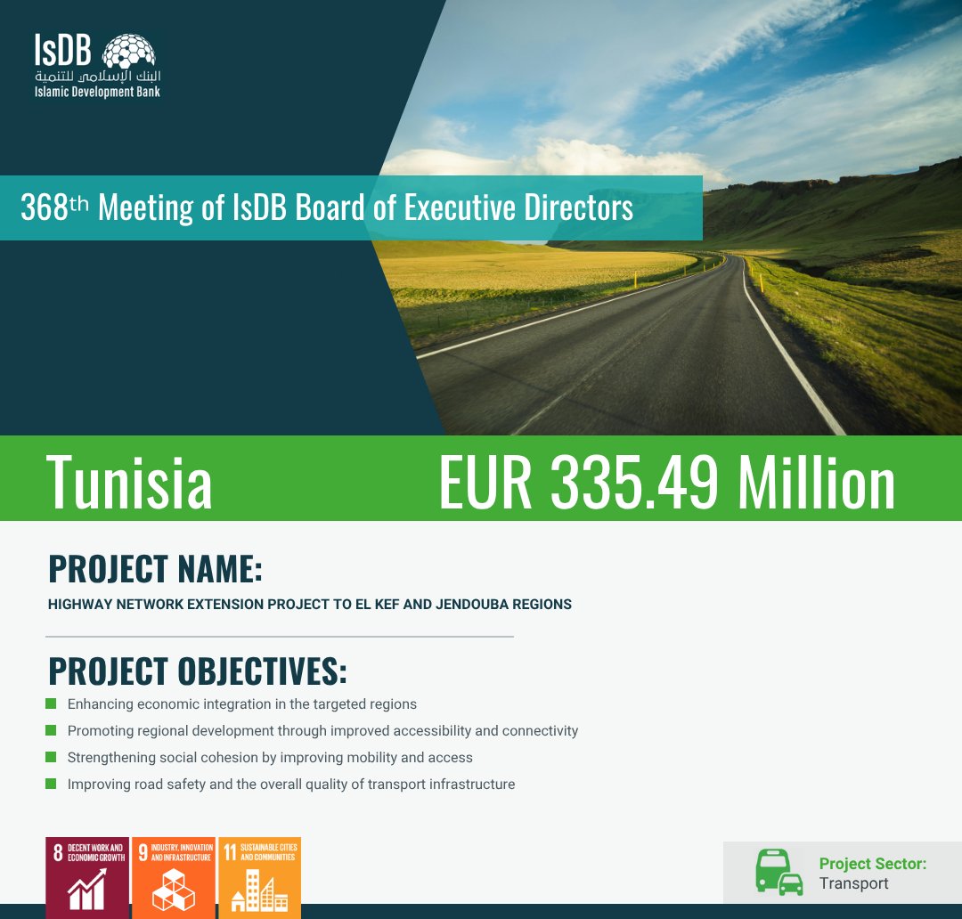 isdb_group's tweet photo. A major connectivity boost for #Tunisia as the #IsDB Board approved EUR 335.49 million for the Highway Network Extension Project to El Kef and Jendouba regions.

The project will enhance regional development, improve accessibility and mobility, strengthen social cohesion, and raise road safety and transport infrastructure quality.

Read More 👉: https://t.co/di0usFkoiV

#Transport #Connectivity #RegionalDevelopment #SDG9 #SDG11