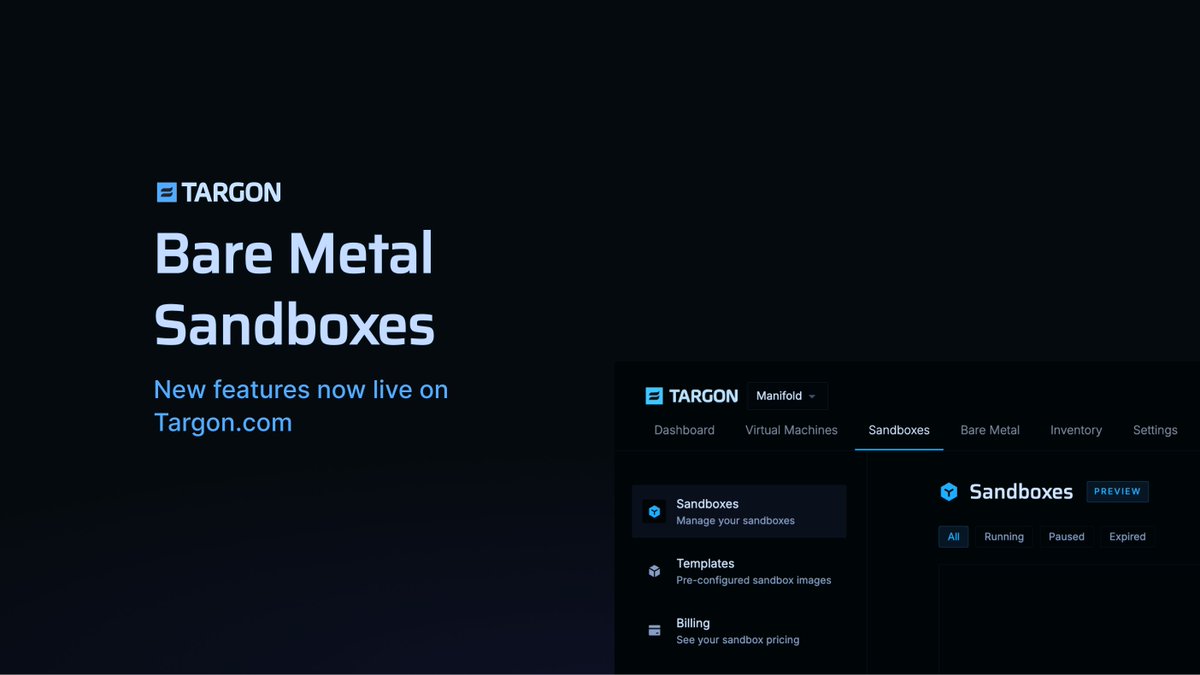 TargonCompute's tweet photo. We're excited to share that Bare Metal and Sandboxes are now live on https://t.co/RxzEHJPN0t 

Bare Metal 
→ An entire physical machine dedicated to your organization 
→ No hypervisor, no container runtime, no noisy neighbors 
→ Full control of kernel, drivers and firmware-level GPU settings 
→ Every operator is KYC-verified, keeping workloads secure without TVM  

Sandboxes 
→ Short-lived, isolated Linux environments for development, testing, previews and agents 
→ Provisioning to running within seconds 
→ Browser terminal, graphical Linux desktop or SSH 
→ Fork independent copies for parallel experiments and agent tasks 
→ Publish a template from any setup worth repeating 
→ Pause when idle to stop active compute billing, resume anytime

The Targon team has been focused on expanding features and enhancing the Targon experience, and will continue rolling out new releases.
