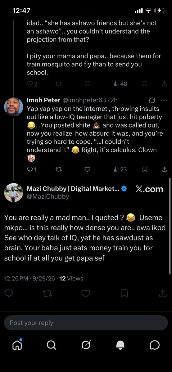 imohpeter63's tweet photo. @Onyeka103 @MaziChubby @ininghe_ Run away coward @MaziChubby ….no worry no matter how much you explain you won’t look any smarter, blockhead……And, no worry about my papa, he’s good….worry about your wretched father wey no dey see food chop..…you no go try go comot am from that 1 room face me i slap you?? https://t.co/bVBzBioGLN