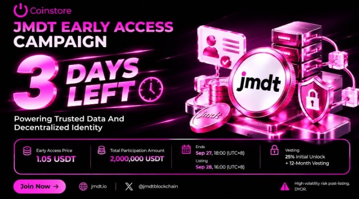 razuali753's tweet photo. 🚨 3 DAYS LEFT — JMDT Early Access!

🔥 Don’t miss your chance to get early access to $JMDT, the native token of Truth Layer.
 
🔹 Price: 1.05 USDT
 🔹 Total Pool: 2,000,000 USDT
 🔹 Ends: Sep 27, 18:00 (UTC+8)
 🔹 Listing: Sep 28, 16:00 (UTC+8) https://t.co/Pp9IelHetC