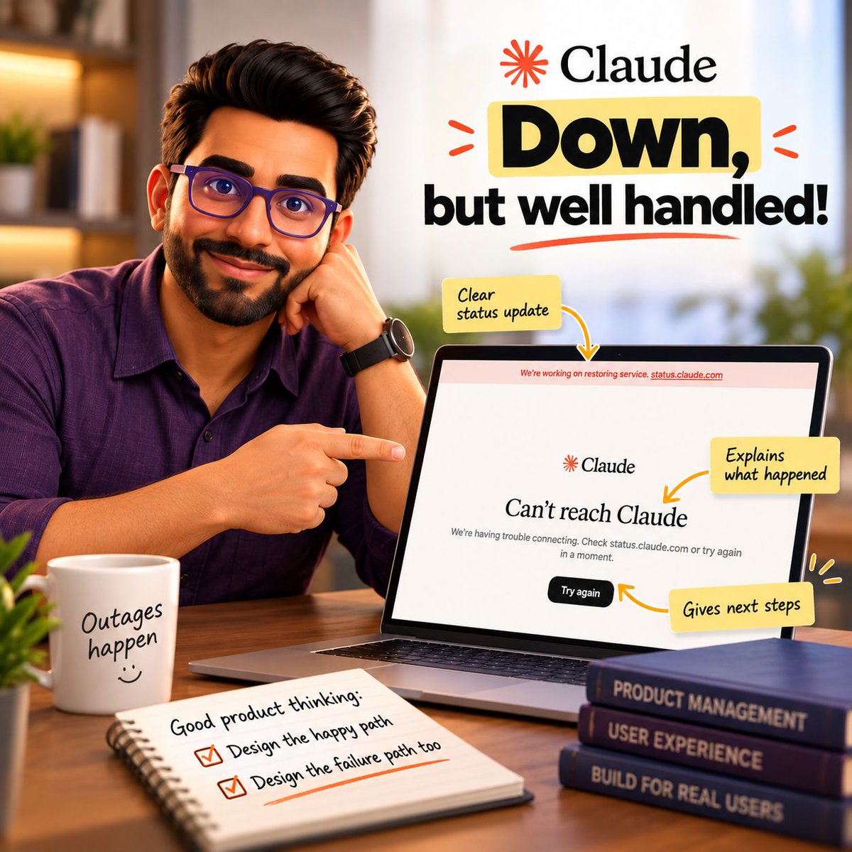 aiwithrc's tweet photo. Claude is down.

But as a #ProductManager, I’m impressed by the downtime #UX.

“Can’t reach Claude.”

“We’re having trouble connecting.”

“We’re working on restoring service.”

Clear state → clear ownership → clear next step.

Failure is also a product experience.

#aiwithrc https://t.co/rSpr0BzMyL