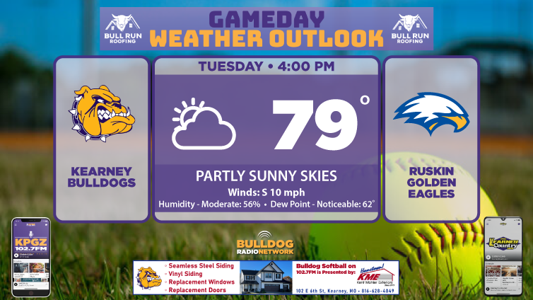 1027FMRocks's tweet photo. 🌤️ Bull Run Roofing Gameday Outlook 🌤️

⚡ Find Bull Run Roofing online at 👉 https://t.co/RKQiR1RjZk
Listen to the game presented by Kent Mohler Exteriors on the KPGZ mobile app starting at 3:30 pm!

#GamedayOutlook | #KearneyBulldogs | #BulldogPride #ThisIsForYou https://t.co/7DhxK6UY3Q