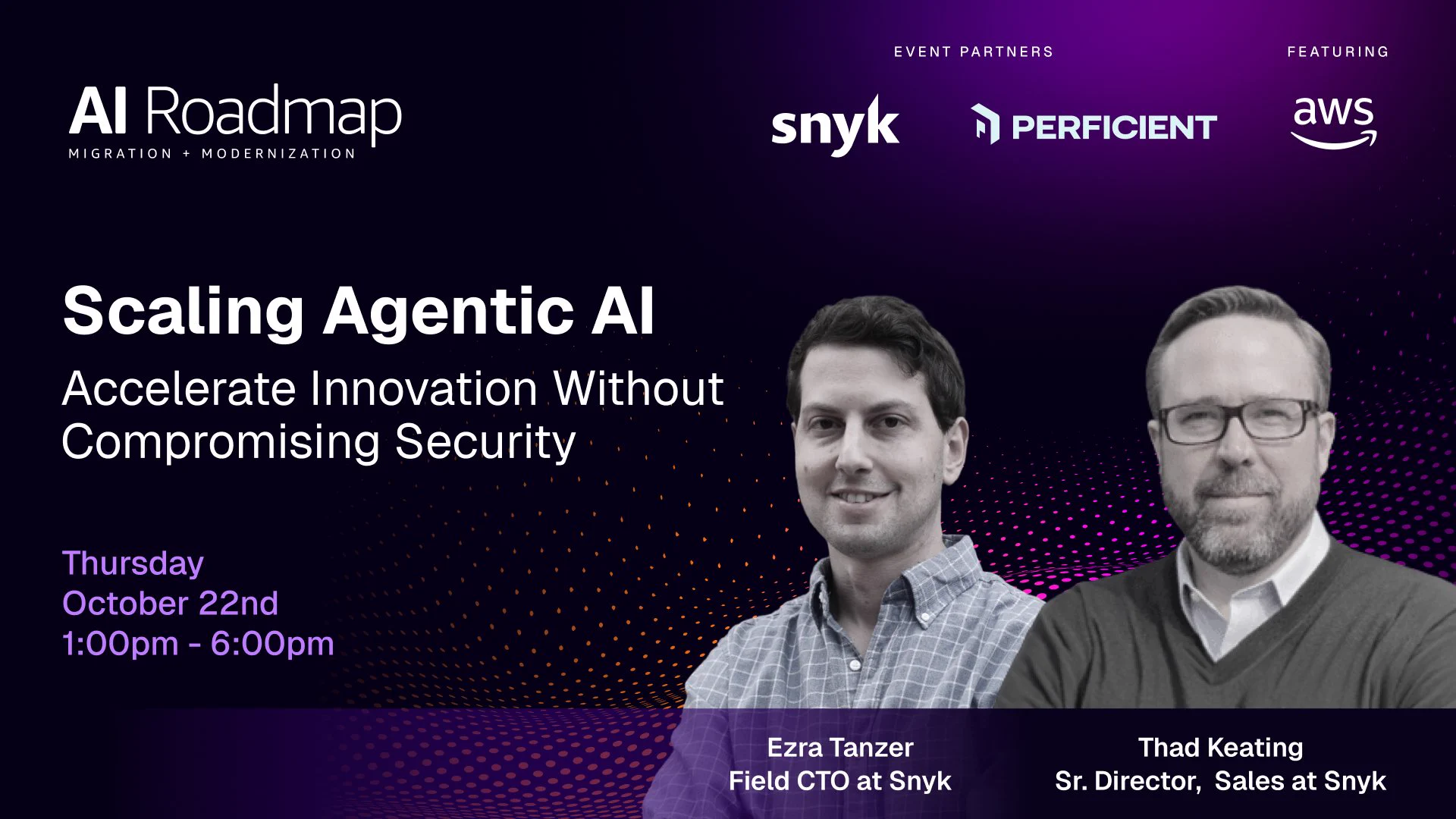 Two men, Ezra Tanzer and Thad Keating, featured for an AI event with details and partner logos.