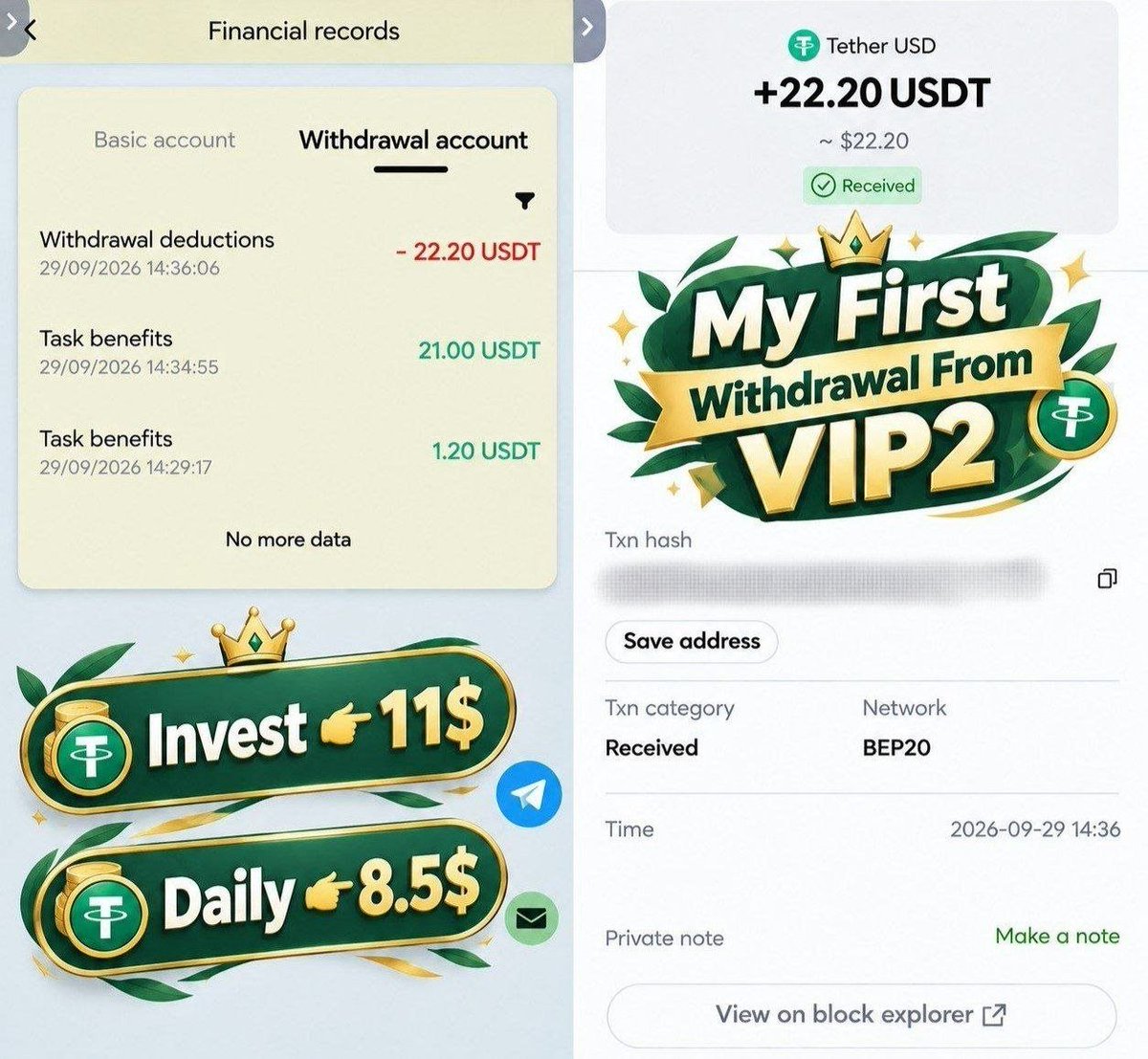 VipPlatforms's tweet photo. Just received my first payout of 22.20 USDT from VIP2! 🚀 Invested 11$ and getting amazing daily returns. Join the winning team today.
https://t.co/vvDDOC4ULH

Join telegram channel: https://t.co/Y0Hyz1Yb7V
​#Crypto #USDT #PassiveIncome #VIP2 #CryptoEarnings #Binance #EarningApp https://t.co/WioYFTjVlz