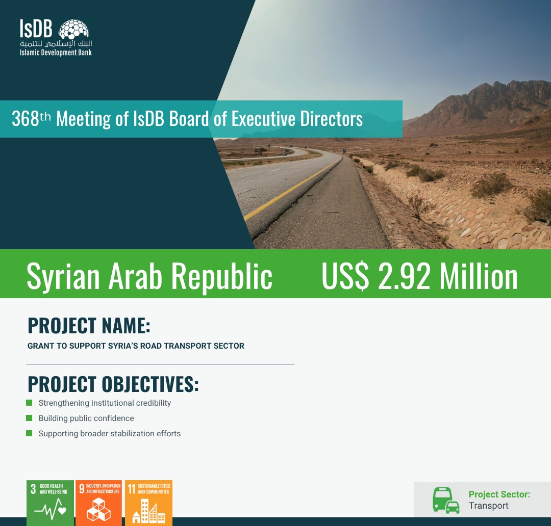 isdb_group's tweet photo. #IsDB approved a US$2.92 million grant to support the road transport sector in the #SyrianArabRepublic.

The grant will help strengthen institutional credibility, build public confidence, support broader stabilisation efforts, and contribute to economic recovery through a vital sector for mobility and services.

Read More 👉: https://t.co/di0usFkoiV

#Transport #Recovery #Infrastructure #SDG9 #SDG11