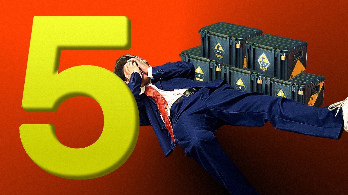 The image shows a large yellow "5" next to a man in a blue suit lying down with his hands over his face, overwhelmed by a stack of five locked weapon cases with hazard symbols—visually representing the "Arrow Opens 5 Weapon Cases" headline.