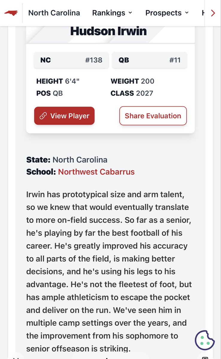 HudsonIrwin2027's tweet photo. Thank you for the the write up @PrepRedzoneNC @whelms21 and for ranking me in the top 10 quarterbacks for the 2027 recruiting class in North Carolina.   @CoachE_Morman @NCHSTrojanFB @CoachJacobCain @willshee5 @CoachStoner67 @cheek2017 @DonCallahanIC @pepman704 https://t.co/NzKYwvFwaj