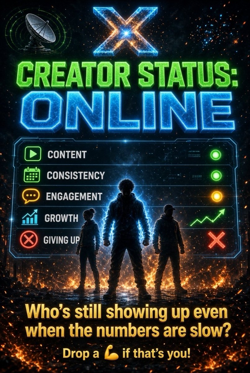 MustyKidh's tweet photo. 📡 CREATOR STATUS: ONLINE

Content: 🟢
Consistency: 🟢
Engagement: 🟡
Growth: 📈
Giving up: ❌

Who's still showing up even when the numbers are slow?

Drop a 💪 if that's you! https://t.co/YB1BTDpQ2F