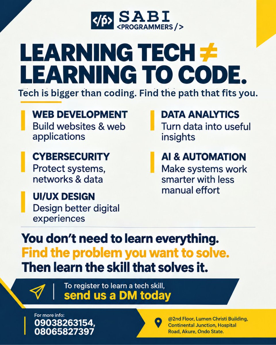 SabiProgrammers's tweet photo. Find a problem you want to solve.
Then learn the skill that solves it.

If you’re ready to start your tech journey send us a DM or contact us on +234 903 826 3154

Our next cohort resumes October 14th 2024

#sabiprogrammers #learntech #techtraining #akure https://t.co/znl08fVXz6