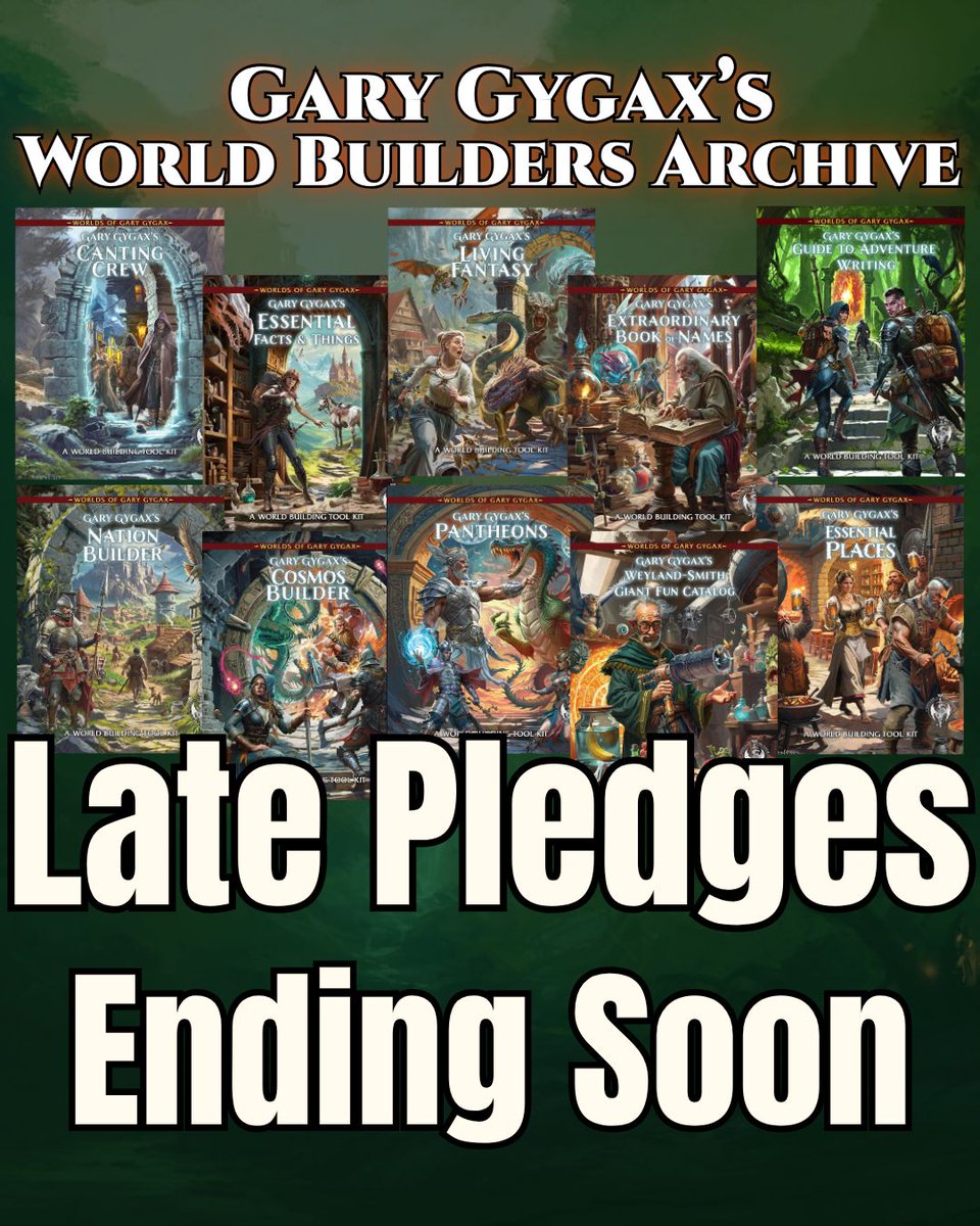 trolllordgames's tweet photo. You have until the end of the day on 9/30 to pre-order Gary Gygax's World Builders Archive!!! These ten books cover all of the basic building blocks of designing and running adventures in a world of your very own; you'll learn the structure of criminal societies, the magical infrastructure most likely to aid the development of a city, learn how to write adventures of your own using easy-to-follow steps designed by experts, and so much more than I could possibly write in a social media post.

Preorder your set today; once the window to preorder closes, these books won't be available in our store for many months. Backers like you, however, will get all 10 books shipped together in speedy fashion, at a stark discount no less 🔥
👉 https://t.co/qp3rBUV5eJ