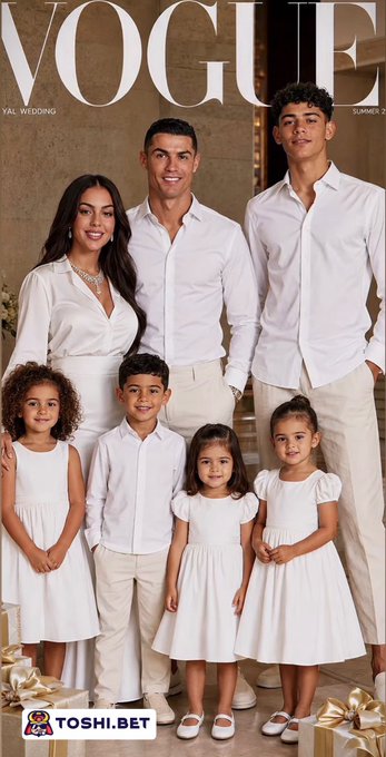 A family poses together in coordinated white attire on what appears to be a Vogue (YAL Wedding) Summer issue cover, with the post highlighting how Cristiano Jr. is nearly as tall as his father, Cristiano Ronaldo.
