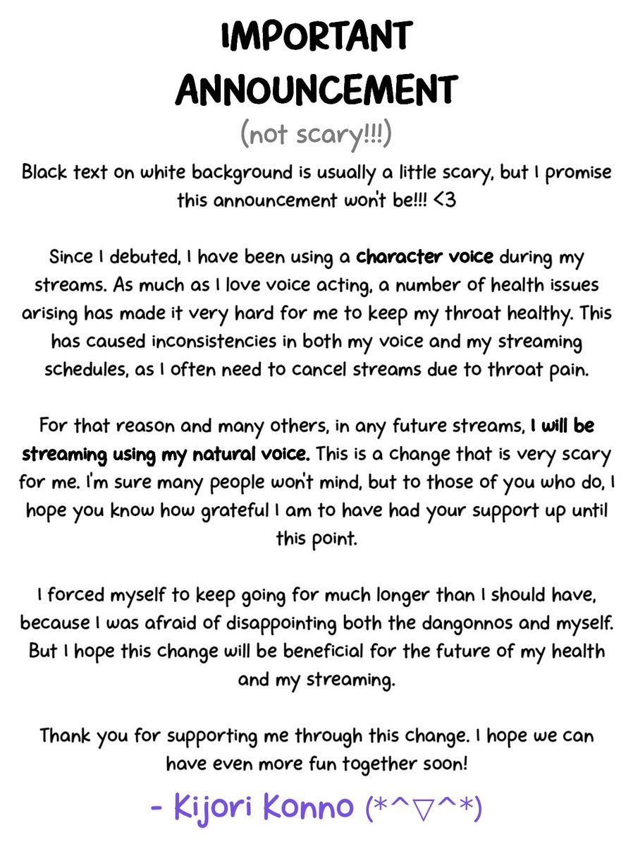 KijoriKonno's tweet photo. IMPORTANT ANNOUNCEMENT

I am not graduating! BUT!!! This is a scary change for me, and I hope we can navigate through it together! 💜 https://t.co/J7Ogl3AWER