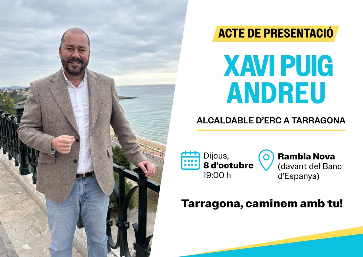 esquerratgn's tweet photo. Us convidem a l’acte de presentació de l’alcaldable d’ERC @XaviPuigAndreu.

📅 Dijous, 8 d’octubre 🕖 19.00 h 📍 Rambla Nova, davant del Banc d’Espanya

Tarragona, caminem amb tu! Us hi esperem🙌 https://t.co/IZuIWMApXn