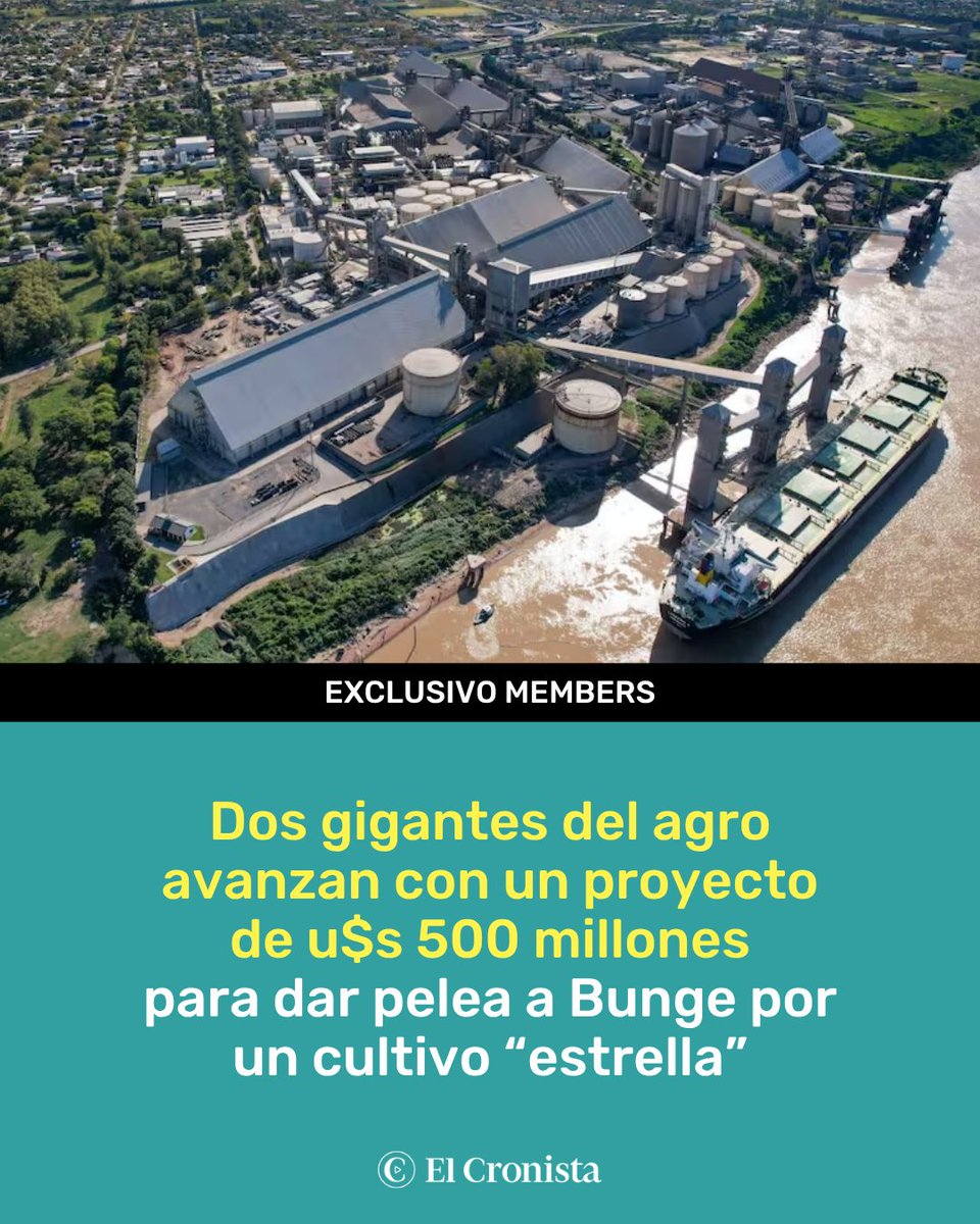 Cronistacom's tweet photo. DOS GIGANTES DEL AGRO CONSTRUIRÁN UNA NUEVA PLANTA DE SOJA​
‌
Molinos Agro y la Asociación de Cooperativas Argentinas (ACA) formalizaron el acuerdo para construir una nueva planta procesadora de soja en Timbúes, Santa Fe, según informaron a la Comisión Nacional de Valores.

El proyecto demandará una inversión de u$s 500 millones y contempla la instalación de una línea de molienda con capacidad para procesar 15.000 toneladas de soja por día, además de infraestructura destinada al almacenamiento de poroto, harina y aceite.

¿Qué te parece? Conocé más. Exclusivo para Members: https://t.co/R2MMPATvOn
