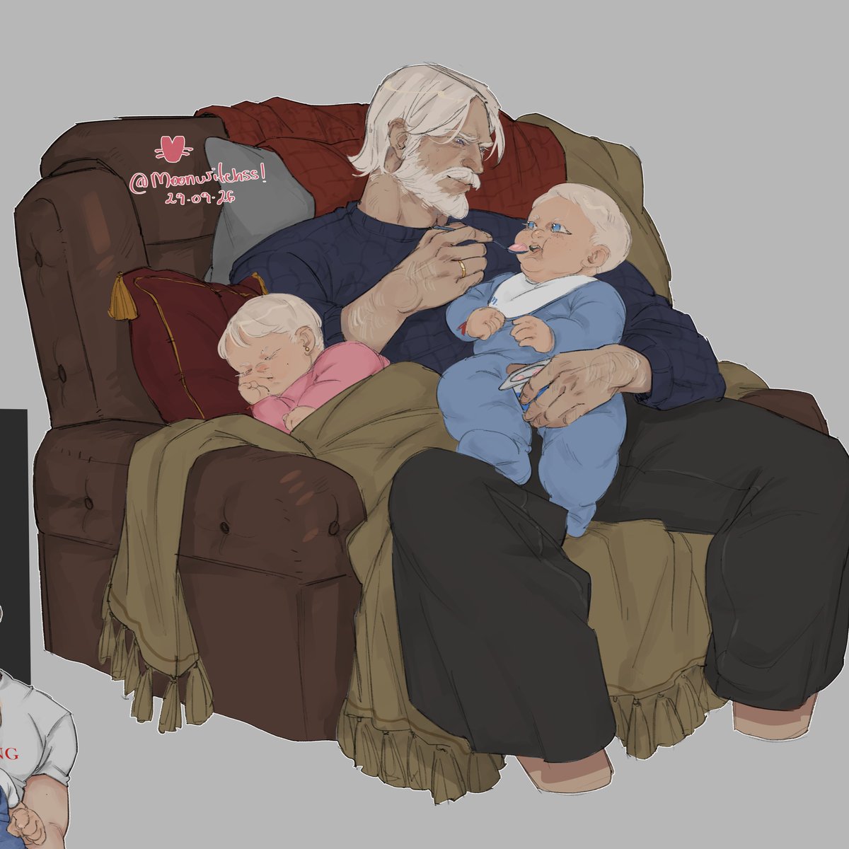 Moonwitchss's tweet photo. #Dunkaerion and the twins, Maegor and Visenya, arrive at the Targaryen estate for Grandpa Maekar’s bday BBQ. Maekar didn’t care about anything else; he set down the bottle he’d been trying to open for a while and rushed to snatch Maegor from Aerion’s arms.

And some sketches ✨ https://t.co/ON486ZS6R5