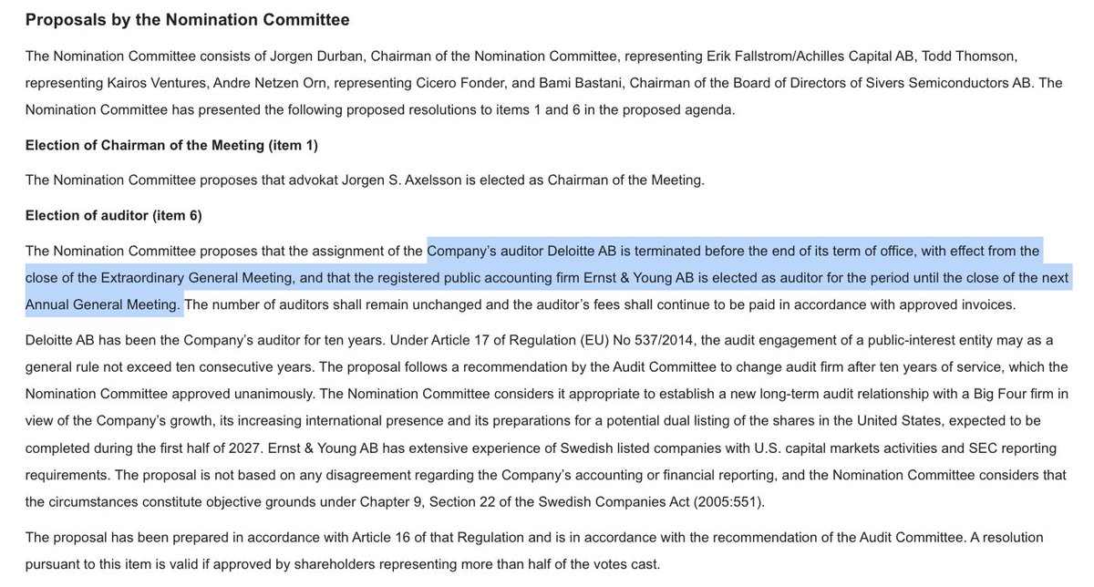 dizaq1's tweet photo. $SIVE calls an EGM and gives a timeline update on the US dual listing stating "expected to be completed during the first half of 2027."

The most interesting part of the EGM meeting is a rare mid year auditor switch. So why did they do this?

Well, $SIVE called an EGM to replace Deloitte with Ernst & Young citing, verbatim, EY's experience with "U.S. capital markets activities and SEC reporting requirements"

So they did a rare mid year auditor switch apparently to pivot to the one with more experience in the exact situation $SIVE is in, a US dual listing.

The listing is going from a promise to a paper trail, and we are seeing real shifts in $SIVE to make the dual listing happen. I feel like it was kinda brushed off during the ER so this news is very reassuring.