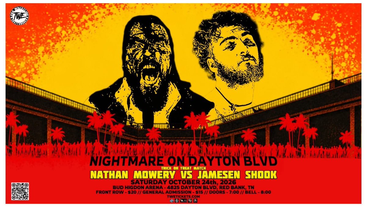 TWE_Chattanooga's tweet photo. TWE Presents the Annual Halloween Extravaganza "Nightmare On Dayton Blvd"!

Match Announcement:
🎃 Trick Or Treat Deathmatch 🎃
@NathanMowery vs @jshook_75 

Saturday October 24th, 2026. 8PM.

Bud Higdon TWE Arena 
4825 Dayton Blvd 
Red Bank TN 

Tickets on sale NOW. Link in bio. https://t.co/yG2Usj4IcH