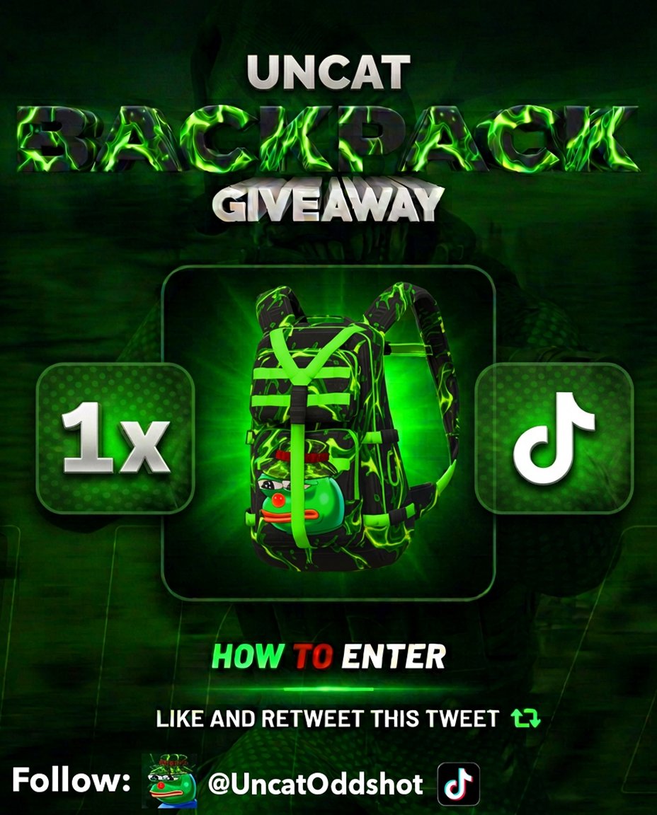 UncatOddshot's tweet photo. 🐸UNCAT 24h BACKPACK GIVEAWAY🐸

🚨TO ENTER:🚨

♻️LIKE & RETWEET♻️

💚FOLLOW @UncatOddshot 
🖤FOLLOW TIKTOK https://t.co/yBKaxkRjV0
♥️LIKE ALL RECENT POST ON TIKTOK
📜COMMENT WITH YOUR IGN ON LATEST TIKTOK

⭐️Winner will be drawn in 24h live on twitch, good luck! #h1z1 #rotk #Giveaway