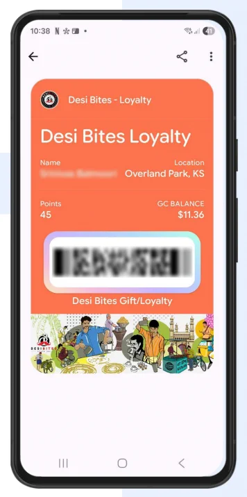 A digital Desi Bites loyalty card displayed on a smartphone screen shows a balance of $11.36 and 45 points for the Overland Park, KS location. The orange card features a blurred barcode and a colorful illustration of an Indian street food scene at the bottom. Navigational icons and a status bar are visible on the phone's interface.