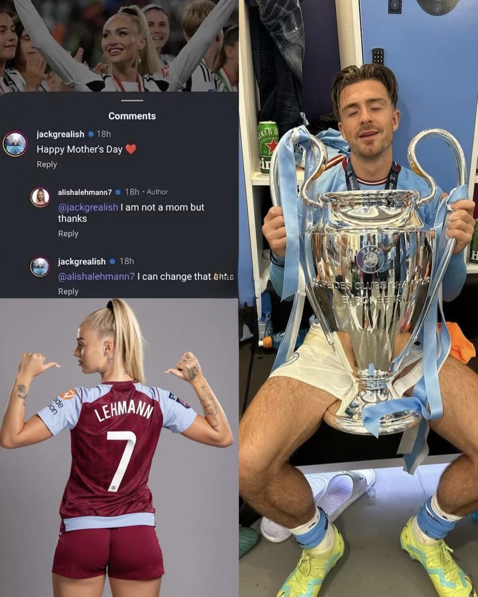 MotivacionesF's tweet photo. ¡¡DEL RECUERDO!! 😮‍💨🎩

Hace 1 año, Jack Grealish dejó un comentario en una publicación de Instagram de Alisha Lehmann que rápidamente llamó la atención. 👀🔥

🇬🇧 Grealish: “Feliz Día de las Madres ❤️”

🇨🇭 Lehmann: “No soy mamá, pero gracias”.

🇬🇧 Grealish: “Yo puedo cambiar eso 😉”.

JAJAJAJA, JACK NO PERDONA. 😂🐐

¡¡LA CABRA!! 🐐