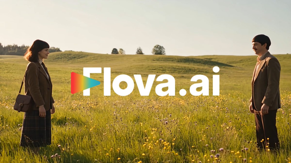 A man and a woman stand facing each other in a grassy field with rolling hills, while the 'Flova.ai' logo is superimposed across the center of the image.