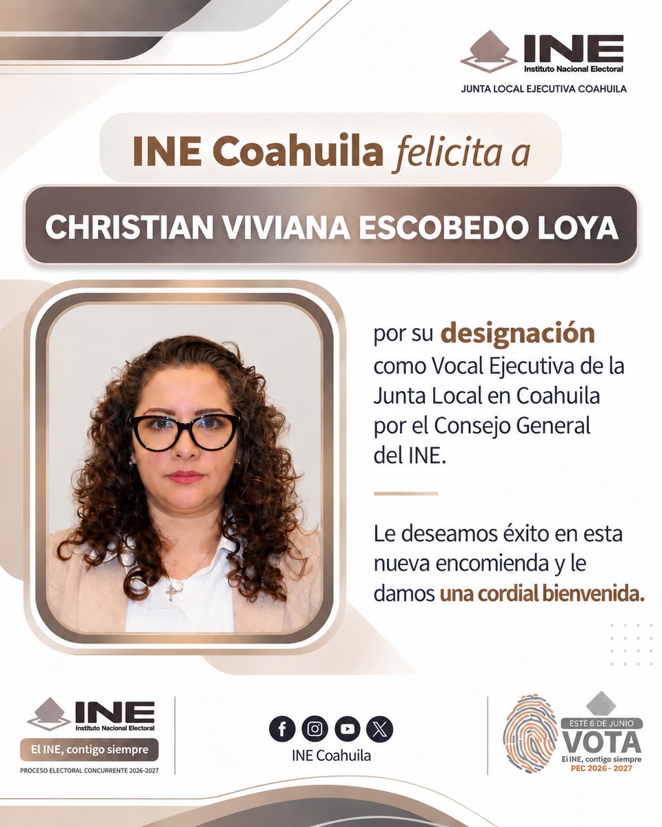INECoahuila's tweet photo. El INE Coahuila da la bienvenida a la Lic. Christian Viviana Escobedo Loya, designada por el Consejo General del INE como Vocal Ejecutiva de la Junta Local en la entidad. 
¡Bienvenida al equipo del INE Coahuila! https://t.co/V3kH2Ep1Mo