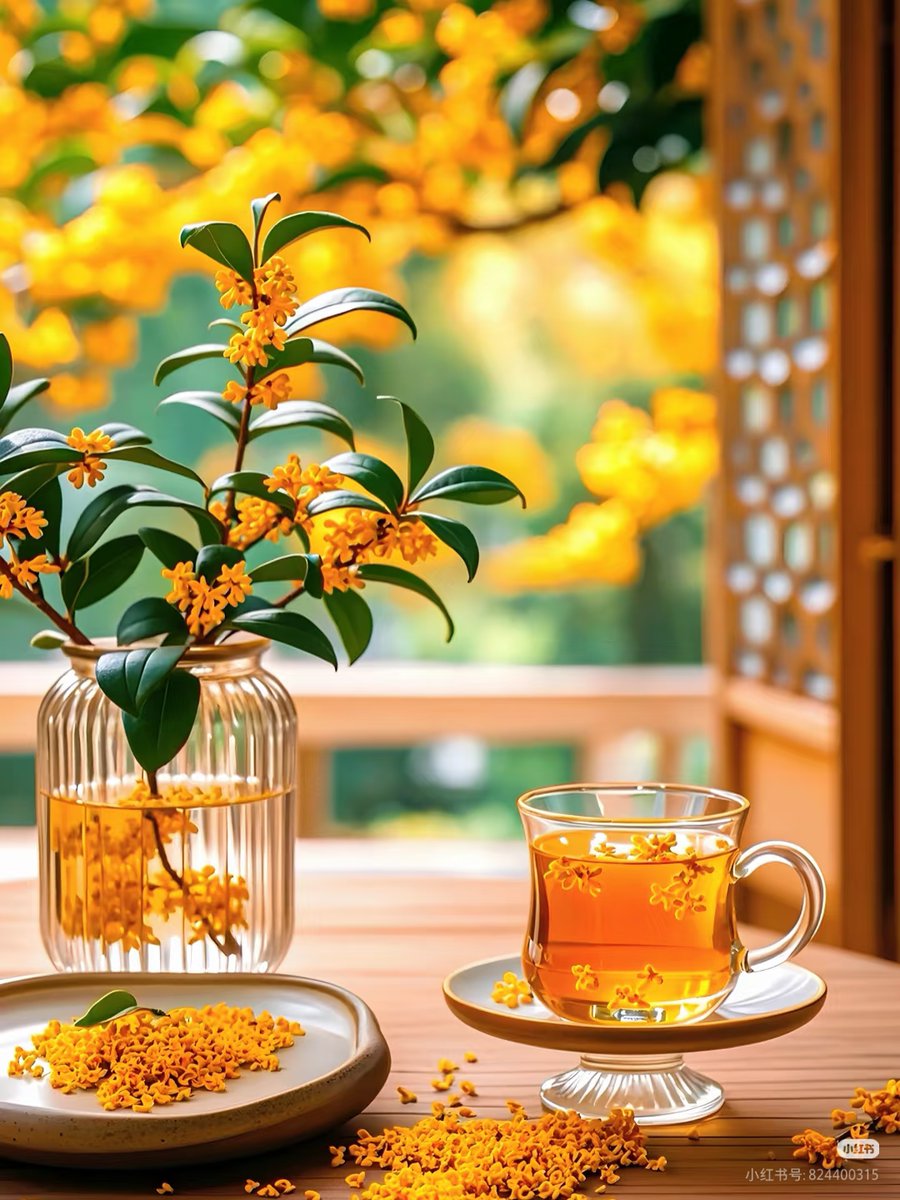 Rika170208's tweet photo. [In the shade of the treetop, the fresh scent of osmanthus blends with the subtle aroma of tea brewed from Fen leaves—soft moments of quiet joy]， https://t.co/NLzCtg1hlE