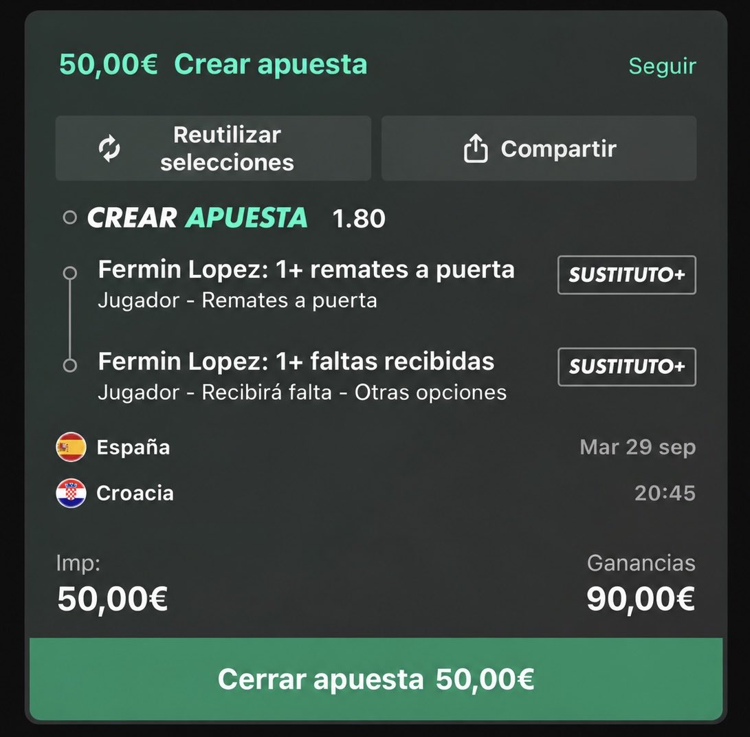 Al_FunnyBets_'s tweet photo. 🛢️ 𝗣𝗜𝗖𝗞 𝗗𝗘𝗟 𝗝𝗘𝗤𝗨𝗘 💣

🇪🇸 España - Croacia

🎯 Fermín López 1+ remate a puerta
💥 Fermín López 1+ falta recibida

💰 Stake 1 — 50€
📈 Cuota 1,80

𝗙𝗘𝗥𝗠𝗜𝗡𝗔𝗭𝗢 𝗚𝗢𝗥𝗗𝗢 🛢️👳‍♂️ https://t.co/ZFFCkatC4S