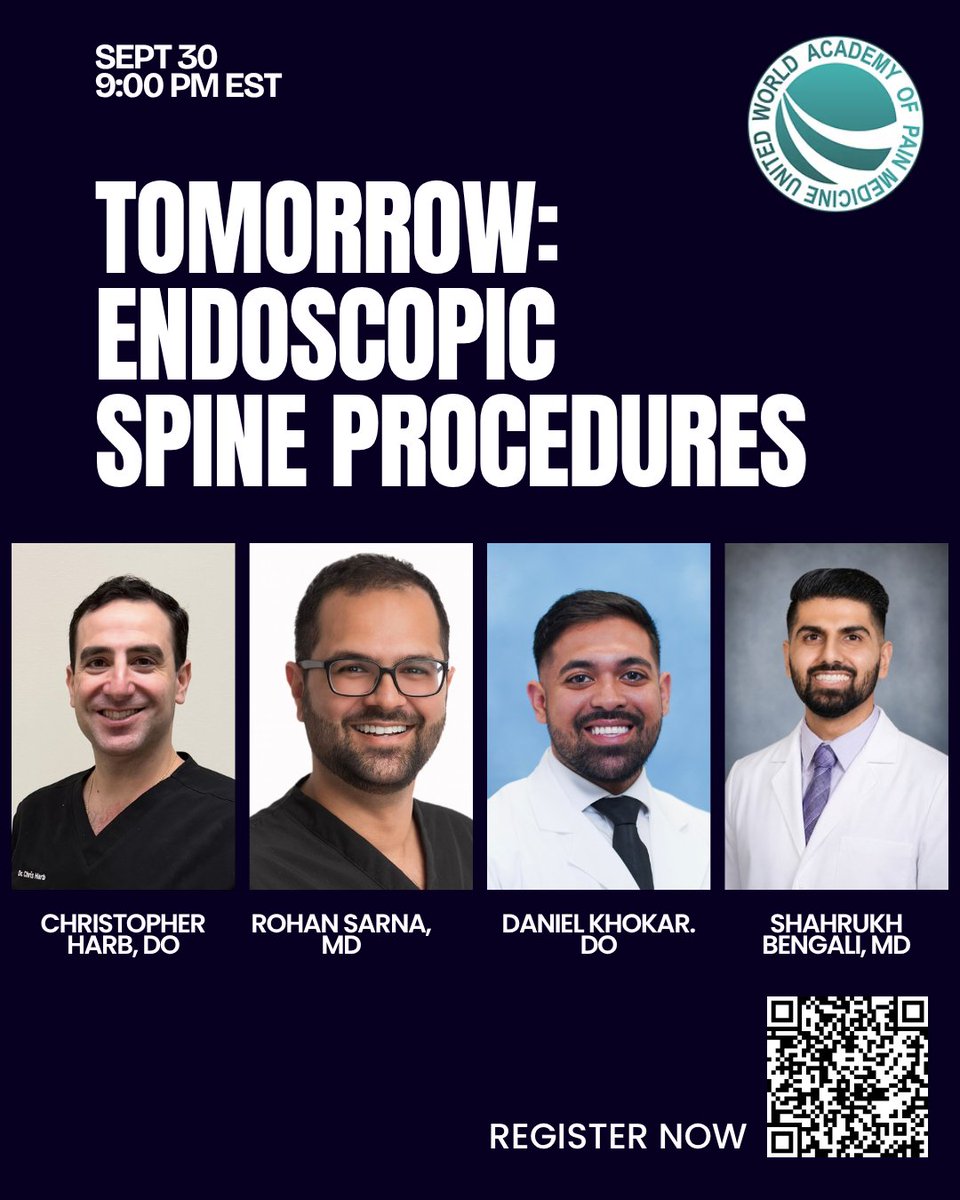 scorah_ssmb's tweet photo. Tomorrow night! Join WAPMU for an insightful session on Endoscopic Spine Procedures.

🗓 Date: September 30
⏰ Time: 9:00 PM EST

Hosted by the World Academy of Pain Medicine United (WAPMU).

Scan the QR code to register now!

@WAPMUScot #SCORAH https://t.co/qzjfsTddtr