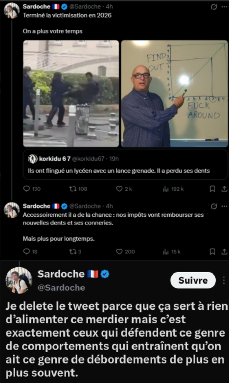Snake_Reformed's tweet photo. Dans un tweet supprimé, Sardoche défend, avec une image "Fuck around and find out", les actions du policier accusé d’avoir tiré à bout portant au visage d’un lycéen de 14 ans dans le Val-d’Oise et affirme que ceux qui défendent les manifestants sont responsables des débordements. https://t.co/1qjuG3h2xt