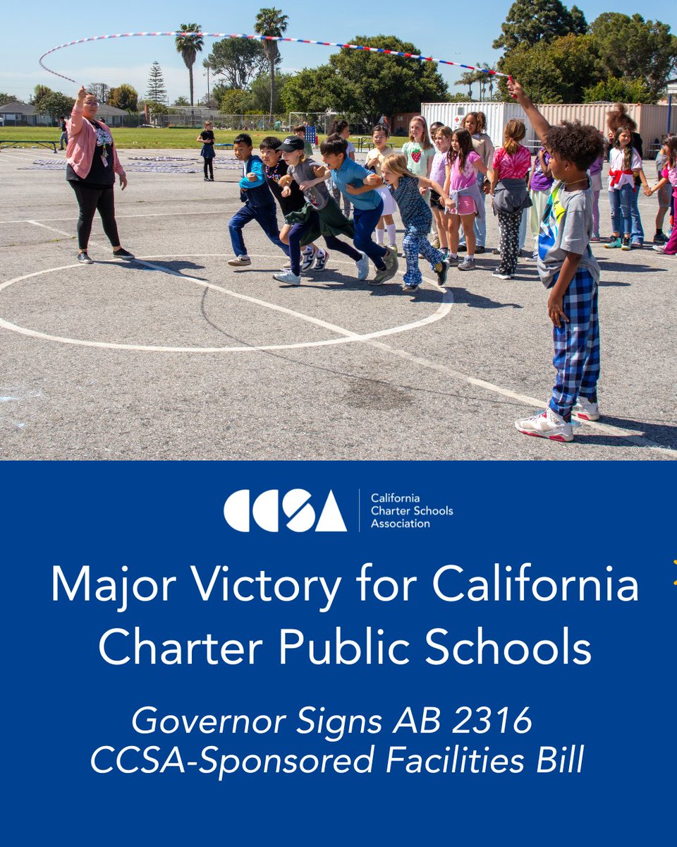 CALcharters's tweet photo. A major step forward for equity in California public education.

With the @CAgovernor signing CCSA-sponsored AB 2316, eligible charter public schools facing significant facilities costs will have access to financial hardship relief comparable to that available to school districts.

More equitable funding means more resources can stay focused where they belong: students, educators and classrooms. TY @joshua_hoover for championing it!

🔗 Click link in comments for press release!