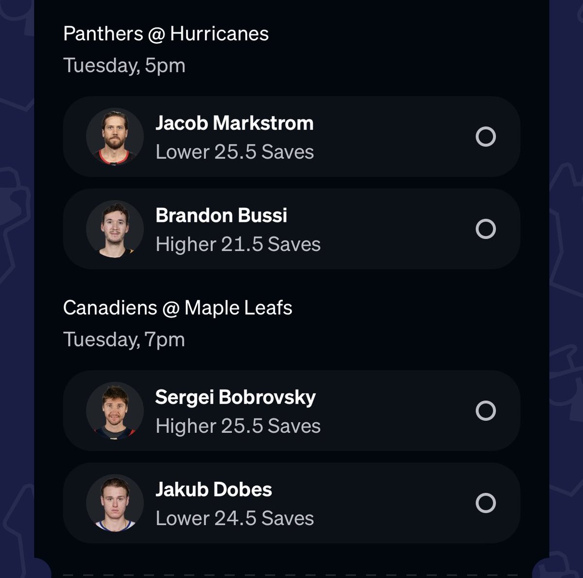 ShadowPicksHQ's tweet photo. HOCKEY. IS. BACK. ‼️

11x NHL OPENING DAY STACK 🤑

- Jacob Markstrom U 25.5 Saves
- Brandon Bussi O 21.5 Saves 🔒
- Sergei Bobrovsky O 25.5 Saves
- Jakub Dobes U 24.5 Saves

LOOKING FOR THE CANADIENS TO WIN THE PRESIDENTS TROPHY THIS SEASON 🏒

LETS KEEP THE HOT STREAK GOING 📈 https://t.co/kuzgTwKpLd