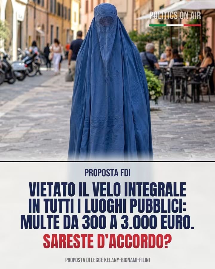 itsmeback_'s tweet photo. 🔴Niqāb e burqa vietati in strada, a scuola, in ospedale, sui mezzi e nei negozi.

È la proposta di legge depositata alla Camera da Fratelli d'Italia, prima firmataria Sara Kelany insieme a Galeazzo Bignami e Francesco Filini: divieto del velo integrale in tutti i luoghi pubblici o aperti al pubblico, con sanzioni da 300 a 3.000 euro. Il testo si compone di cinque articoli e interviene anche sui finanziamenti alle moschee e sulle pene per i matrimoni forzati.

Chi l'ha scritta la presenta come tutela della sicurezza e della libertà di scelta delle donne.

📌 Fonte: proposta di legge depositata alla Camera dei Deputati

⚠️ Immagine creata con intelligenza artificiale, puramente illustrativa: la persona raffigurata non esiste.

- Politics On Air