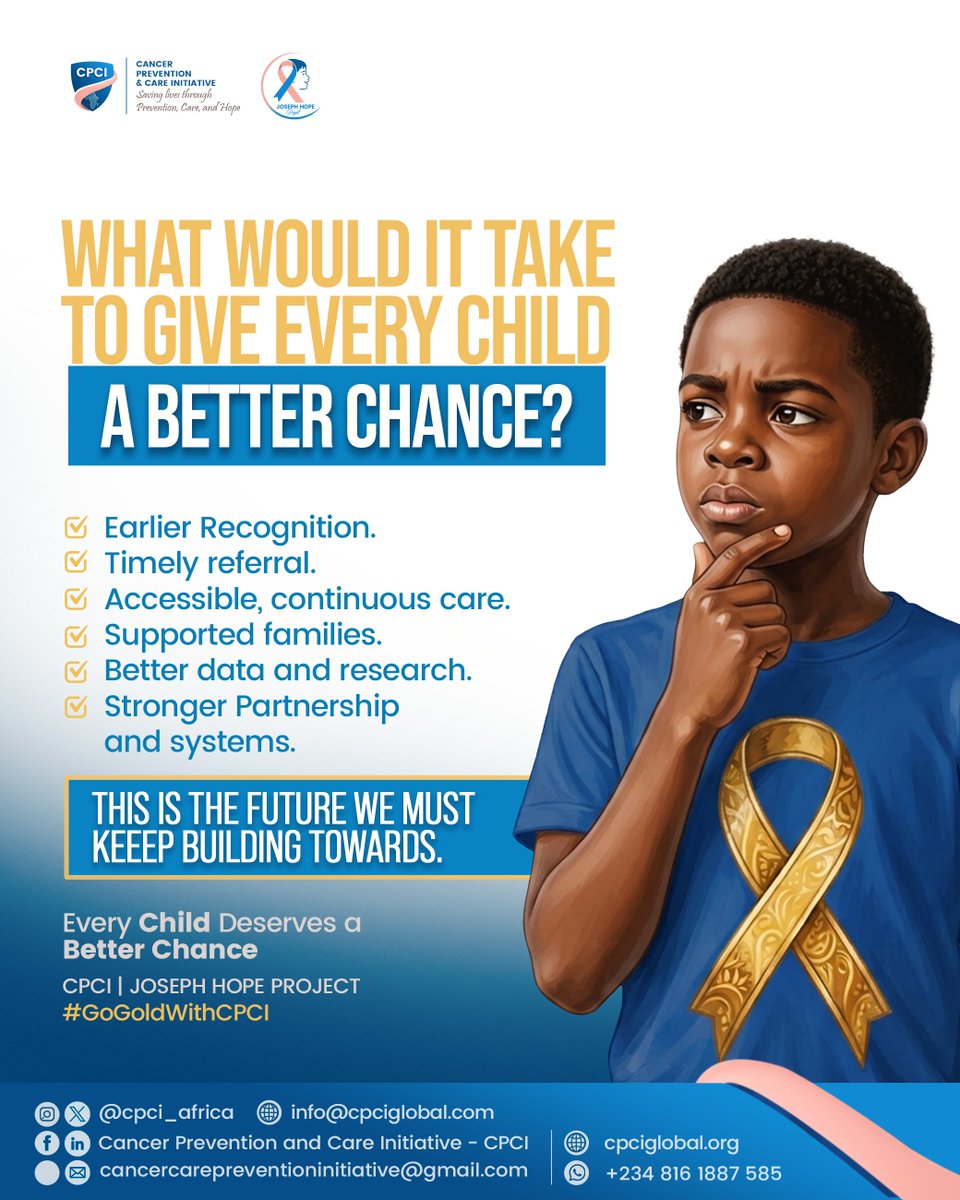 cpci_africa's tweet photo. What would it take to give every child with cancer a better chance? 💛

Earlier recognition. Stronger pathways. Supported families. Better evidence. Collaboration

The work ahead is bigger than awareness, &amp; it is worth building

#GoGoldWithCPCI #ChildhoodCancer #JosephHopeProject https://t.co/VvvSvx06v5