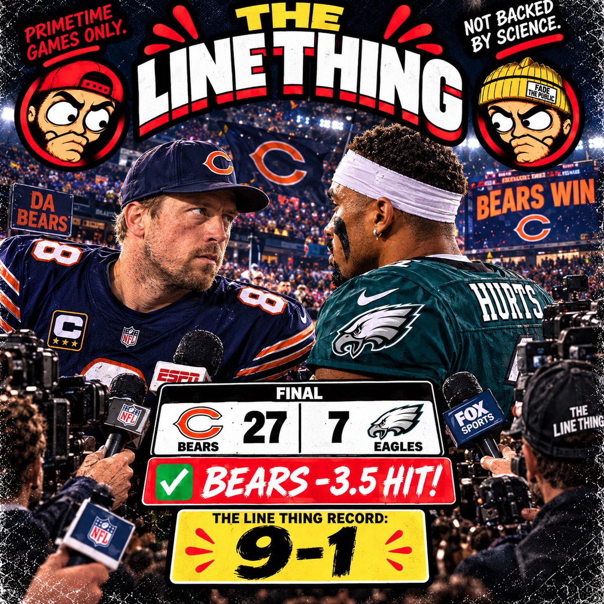 TheLineThing's tweet photo. Yeah I know the home and away is backwards, but we respond.  9-1. See you Thursday. 

Bears +3.5 was free 💰💰💰💰 https://t.co/wcdEBOgLQA