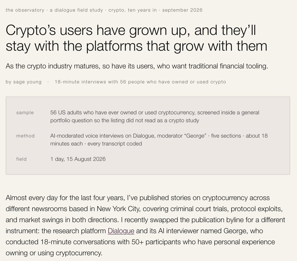 httpsageyd's tweet photo. Imagine interviewing hella people & receiving the results immediately. As a journalist and a person concerned in what real people have to say, I've been curious about doing a temperature check on the crypto ecosystem, especially in the industry's first drawdown in its institutional era. 

I ended up writing this piece for an AI startup that centers on conversational ai-moderated interviews and surveys. My study had 56 participants who had exposure to crypto. Here's the findings: 

(1) Participants placed influencers, memecoins, and scams at the top of the list of the worst things to happen to the crypto industry. (2) Customer taste has matured and is maturing as participants talked at length about how they’ve opted into ordinary finance.

Let me know, I can share the link without any trouble~ I swearrrrrr