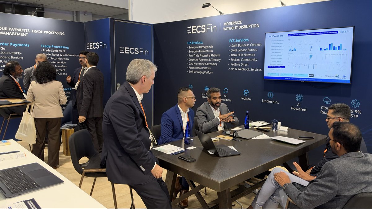 ecsfin's tweet photo. ECS Fin is at @Sibos Miami! CEO &amp; Founder, Jacob Aruldhas took the stage today to talk about why trades call for intervention while payments call for control. Missed it? Stop by stand #L038 to chat. @swiftcommunity #sibos2026 #paymentmodernization https://t.co/8WEcIQqLCu