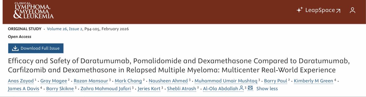 AnasZayad's tweet photo. DPd or DKd in relapsed myeloma? Efficacy may be similar—but toxicity differs.

Our real-world study of 399 patients:
  • mPFS: 15 vs 12 mo (p=0.20)   • Grade ≥3 neutropenia: 36% vs 23%   • CV events: 18% vs 29%

Distinct toxicity profiles may guide regimen selection. https://t.co/BPunozMSgY